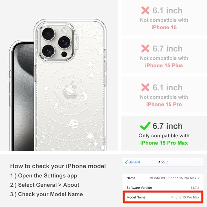 MOSNOVO Case for iPhone 15 Pro Max, [Buffertech 6.6ft Military-Grade Drop Protection] [Anti Peel Off Tech] Clear TPU Bumper Phone Case Cover Design - Galaxy