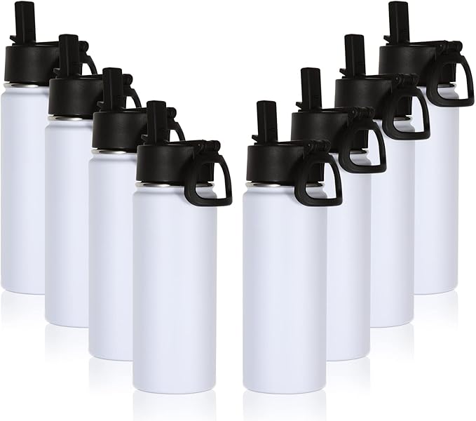 Volhoply 18oz Insulated Water Bottle Bulk 8 Pack,Kids Stainless Steel Water Bottles with Straw Lid,Double Wall Vacuum Reusable Metal Bottle,Wide Mouth Sports Flask For Cold Drink(White,8 Set)