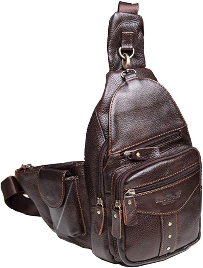 Hebetag Leather Sling Bag Crossbody Backpack for Men Women Multipurpose Single Shoulder Chest Pack Daypack Outdoor Travel Casual Day Pack Coffee