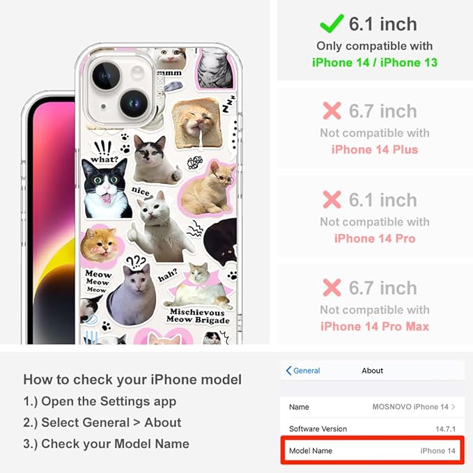 MOSNOVO for iPhone 13/14 Case | Military Grade 6.6ft Drop Tested | Clear with The Cat Brigade Design