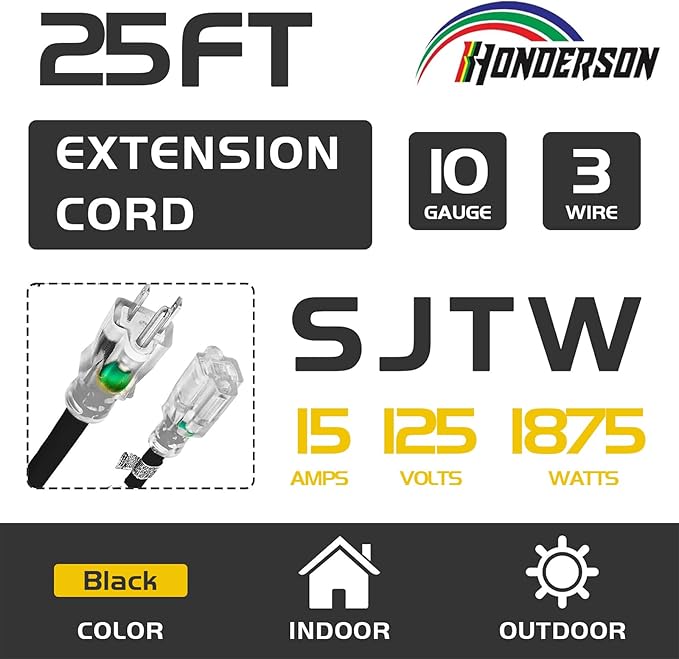 Indoor Outdoor Extension Cord Weatherproof with Lighted End, UL Certified, 10 Gauge 25FT Black 3 Prong Heavy Duty, 10/3 SJTW 15A Power Cord for Outdoor Lights, Lawn