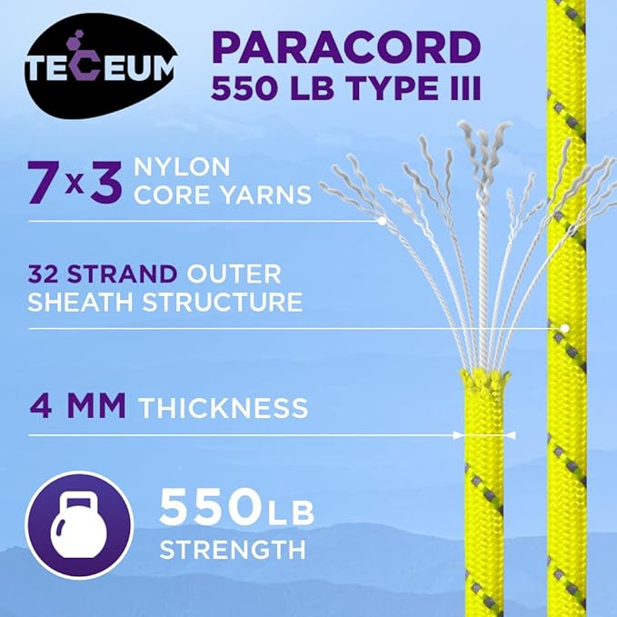 TECEUM Reflective Paracord Rope 1000 – 1000ft/200ft/100ft/50ft – 40+ Colors – Glow in The Dark – para Cord – Utility Rope for Survival, Hunting & Camping Gear – Nylon String, Camping Rope, Tent Cord