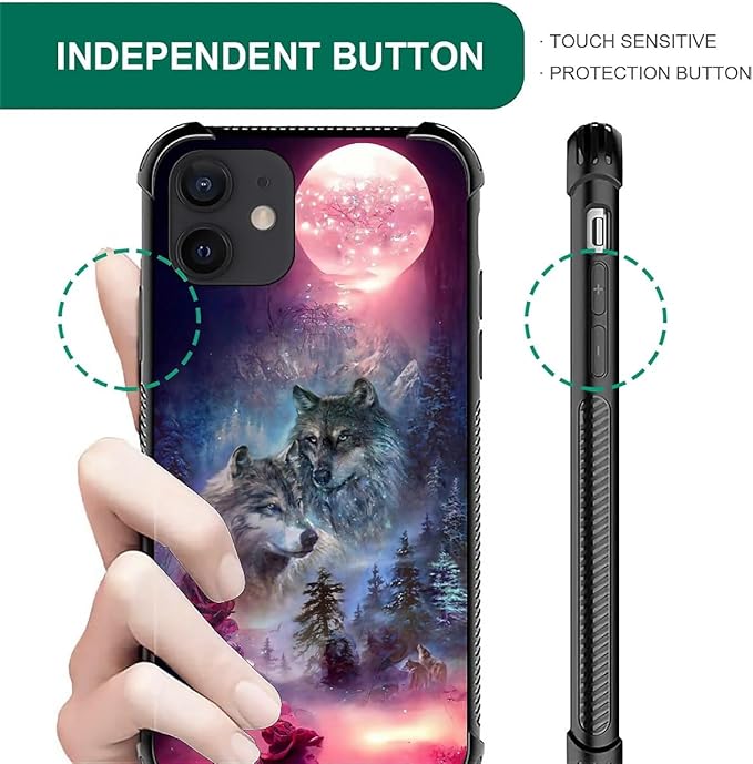 for iPhone 12/12 Pro Case, Star Two Wolfs Howling Pattern Graphic Design Girl Boy Soft Silicone Hard Acrylic Shock Protection for iPhone 12/12 Pro