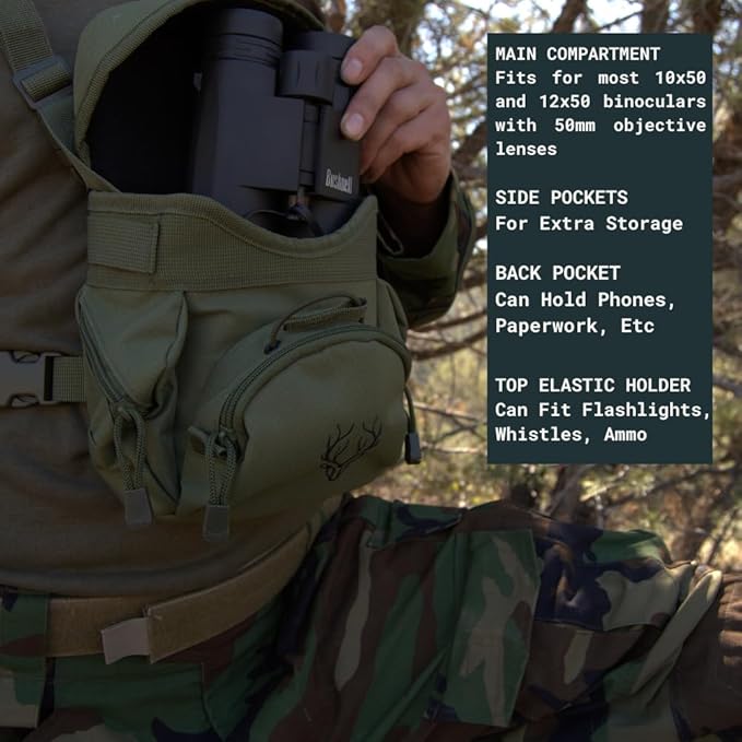 Binocular Harness Chest Pack - Lightweight Bino Harness with Rangefinder Pouch, Silent Hunting Chest Rig and Binocular Case w/ MOLLE system, Veteran Owned Gear, Green