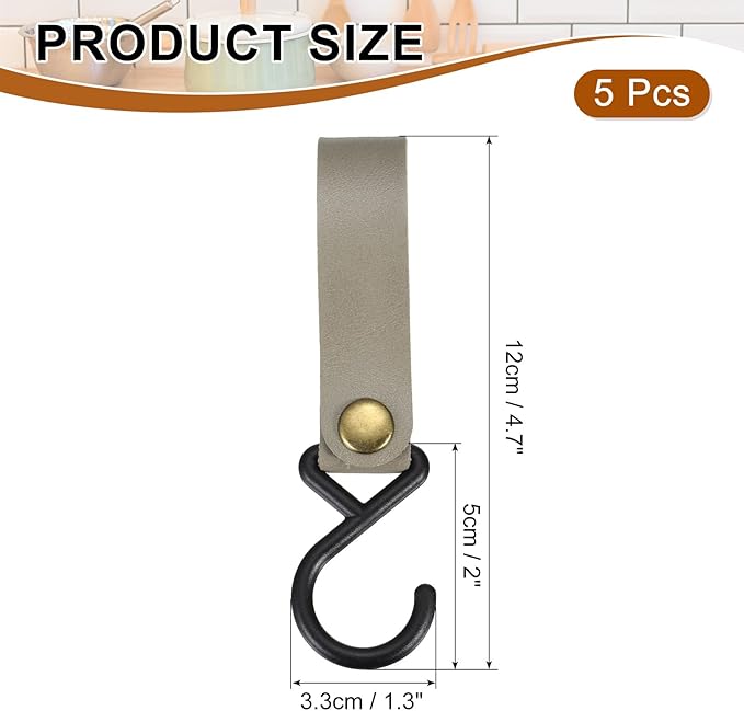 uxcell 5pcs PU Leather Hooks, Leather Straps with Hooks, S-Shape Hooks for Outdoor Camping Hanging Pots Pans Utensils Grey