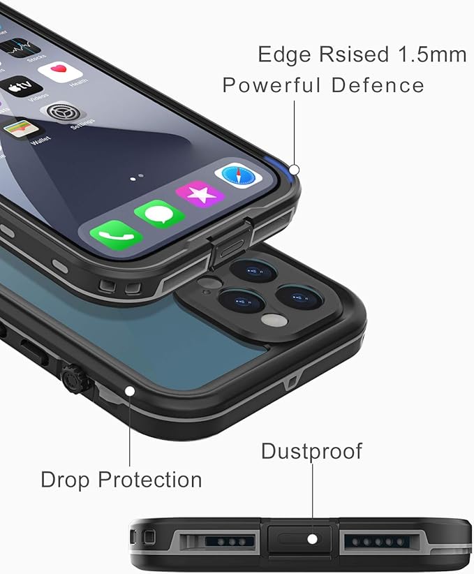 for iPhone 12 Pro Max Waterproof Case 6.7'' - Shockproof, Dustproof, with Screen Protector - Black