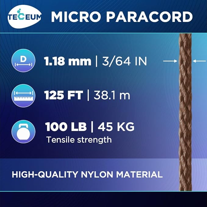 TECEUM Micro Paracord – 1.18 mm X 125 ft – Micro Utility Cord – Thin Braided Paracord Rope – Best for Crafting, DIY Projects, Fishing, Camping – Wind Chime Replacement – Survival Strong String