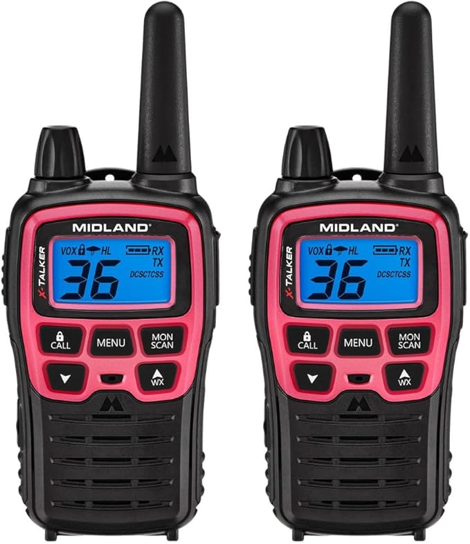Midland T71PNK X-TALKER FRS Walkie Talkies with NOAA Weather Scan & Alert – Long Range Two-Way Radios – 36 Channels, 121 Privacy Codes – for Camping, Overlanding, Rock Crawling – Black/Pink, 2 Pack