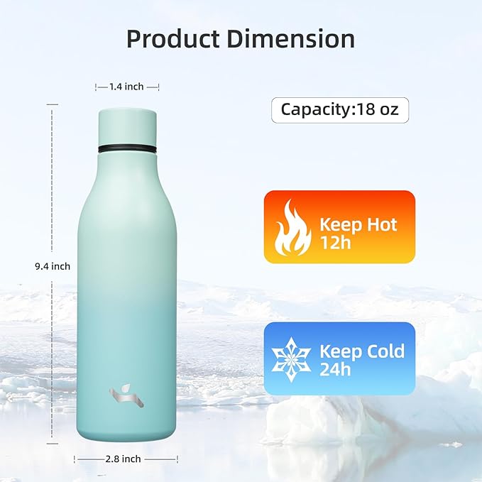 Konokyo Insulated Water Bottle with Strap,18 oz Double Wall Stainless Steel Vacuum Bottles Metal Water Flask,Mint