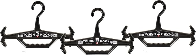 Tough Hook Original Heavy Duty Hanger, Anti-Slip Tactical Hanger for Police Gear, Scuba Gear, Wetsuit and Diving BCD, 200 lb Capacity, Made in USA, Black 3-Pack