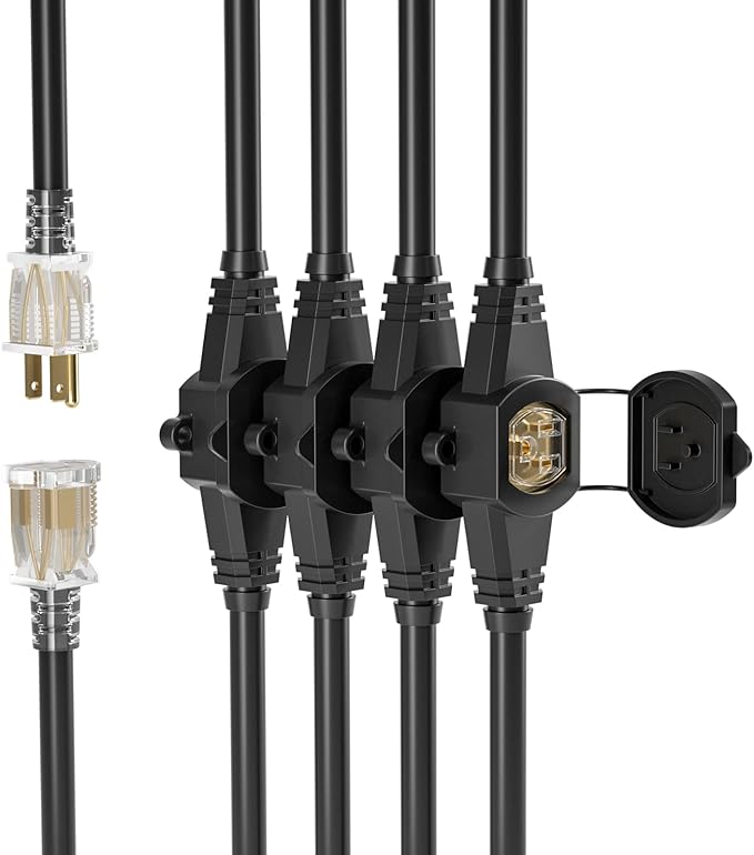 oviitech 25FT Power Extension Cord 3 Prong, 14 Gauge SJTW 5-15R Male Plug to Female Connector,7 Outlet Cable,Multiple Evenly-Spaced Plug,Suitable for Stage Setting or Outdoor,UL Certified Outlet Cable