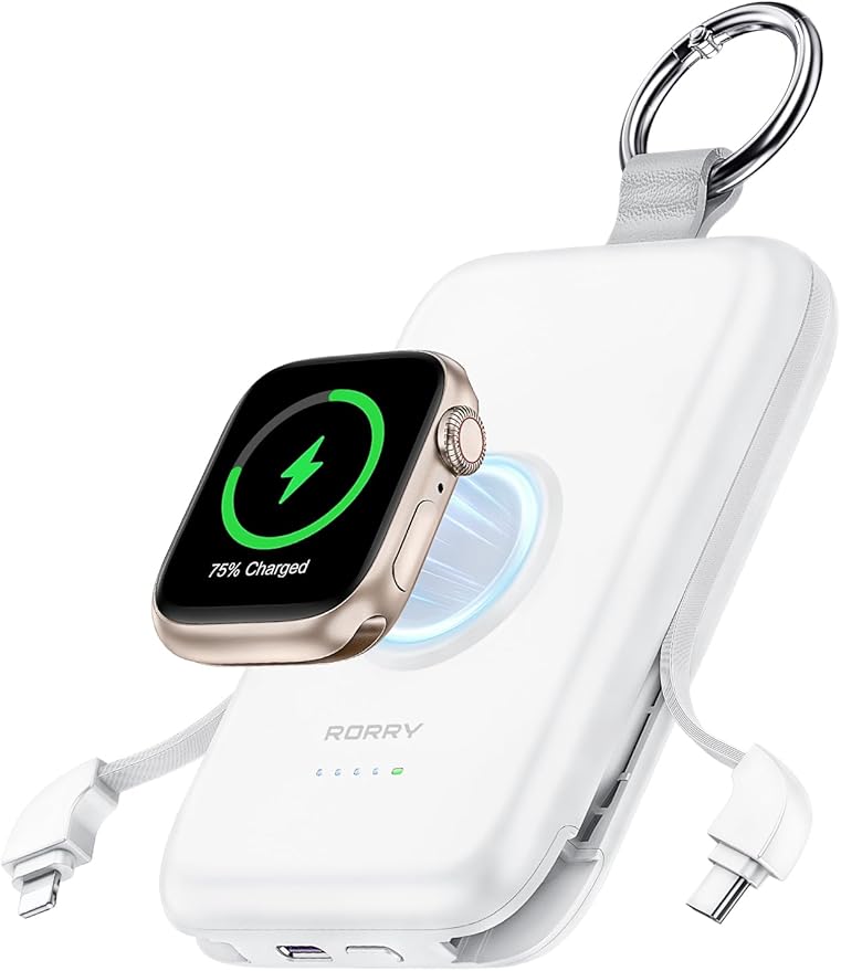 RORRY Portable Charger, 10000mAh PD 20W Fast Charging Portable Charger Power Bank with Built in Cables, Travel Battery Pack for iPhone and Apple Watch Ultra/11/10/9/8/7/6/5, White