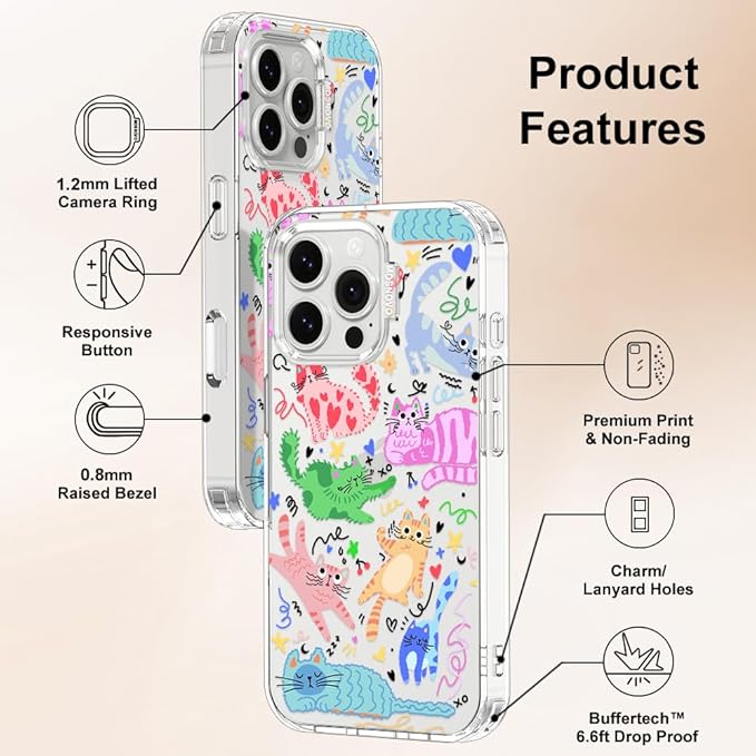 MOSNOVO for iPhone 16 Pro Max Case, Shockproof Military-Grade Protection 6.6ft Drop Tested, Clear Phone Case for iPhone 16 Pro Max, Doodle Cats Design