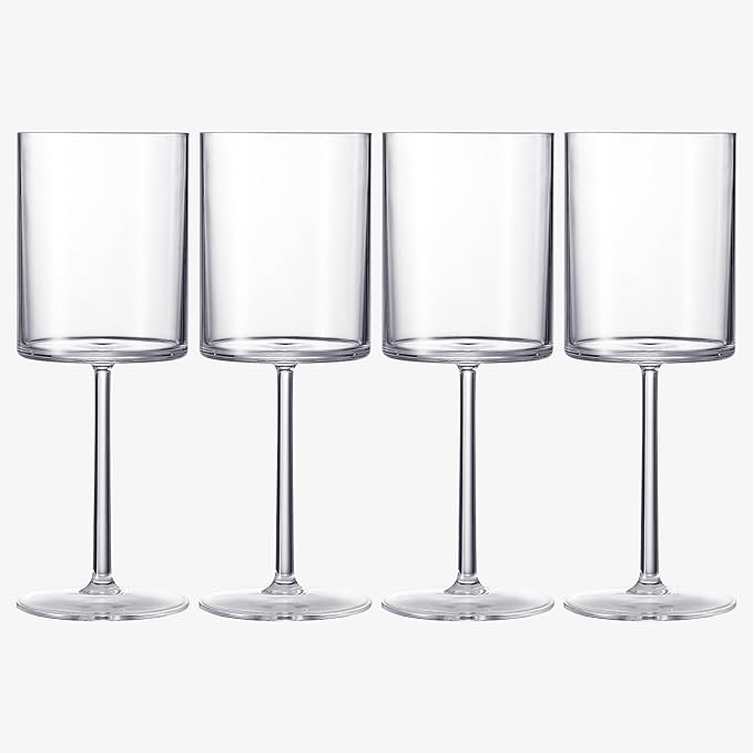 Unbreakable Stemmed Square Tritan Acrylic Wine Glasses European Style | Set of 4 | 100% US Drinkware, 18 oz Dishwasher Safe Clear Color Shatterproof BPA-free plastic, Floating Pool, Indoor and Outdoor