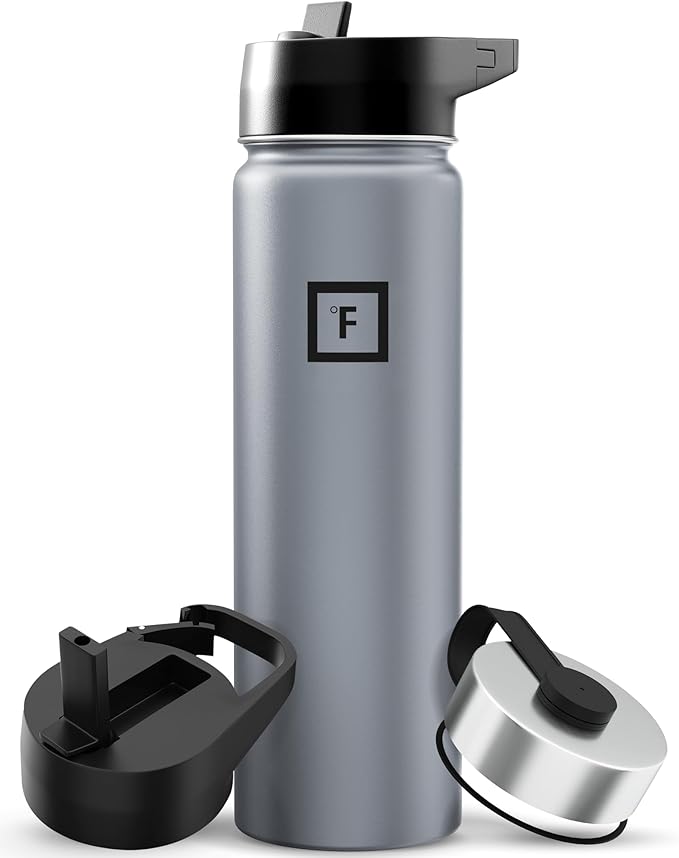 IRON °FLASK Camping & Hiking Hydration Flask with 3 Lids - Stainless Steel, Double Walled & Vacuum Insulated Water Bottle - Leak Proof & BPA Free (Graphite, Straw - 22 oz)