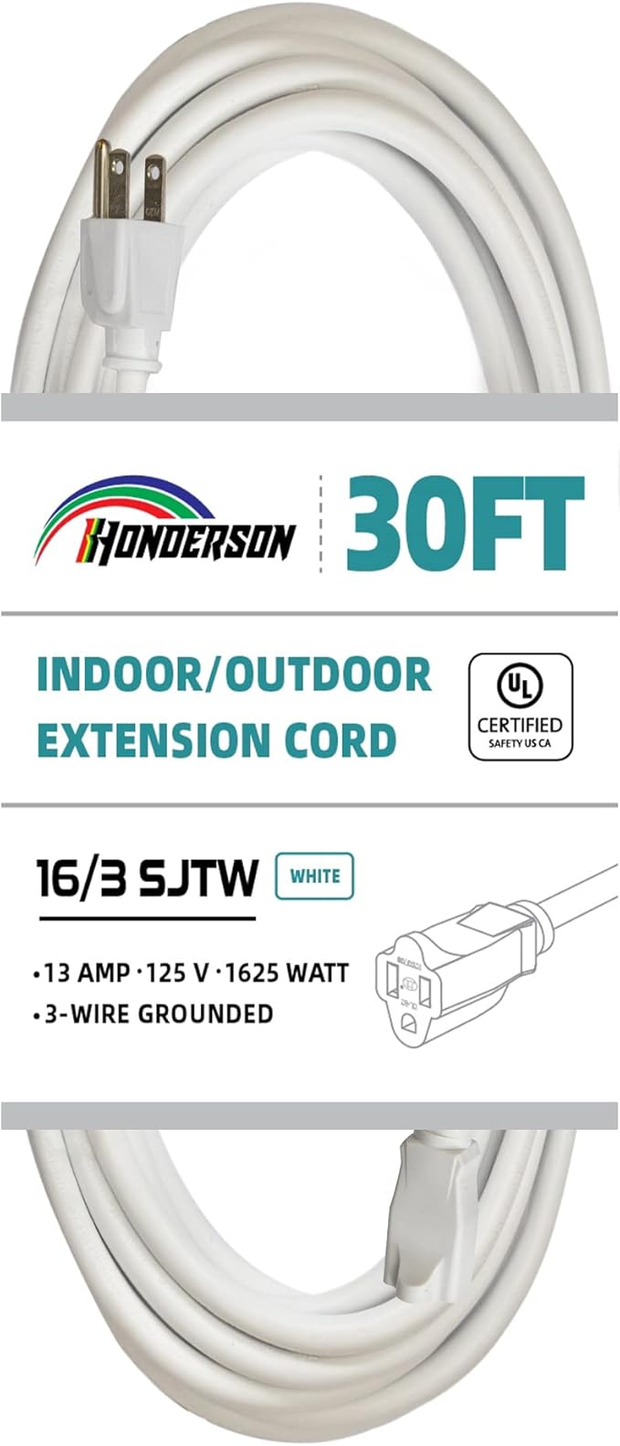 Indoor Outdoor Extension Cord Weatherproof, UL Listed, 16 Gauge 30FT White 3 Prong Heavy Duty, 16/3 SJTW 13A Power Cord for Outdoor Lights, Appliances, Lawn