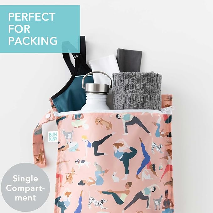 Bumkins Waterproof Wet Bag for Baby, Travel, Swim Suit, Cloth Diapers, Pump Parts, Pool, Beach, Gym Clothes, Toiletry, Hook to Stroller, Daycare, Zipper Reusable Wetdry Packing Pouch, Yoga Pals