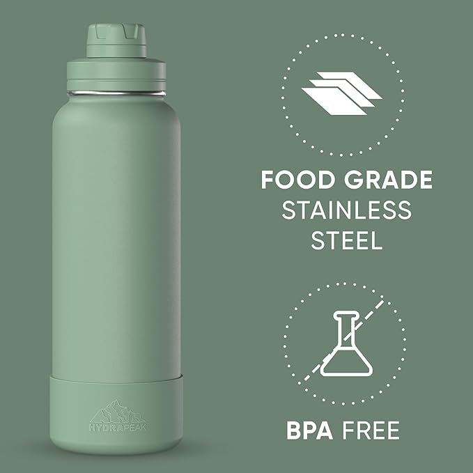 Hydrapeak 40oz Sport Insulated Water Bottle with Straw & Chug Lid, Leak & Spill Proof, Keeps Drinks Cold for 24 Hours, Hot for 12 Hours, Premium Stainless Steel Water Bottles (40oz, Sage Leaf)