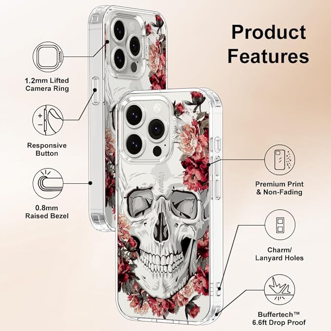 MOSNOVO Case for iPhone 15 Pro, [Buffertech 6.6ft Military-Grade Drop Protection] [Anti Peel Off Tech] Clear TPU Bumper Phone Case Cover Design - Red Flower Skull