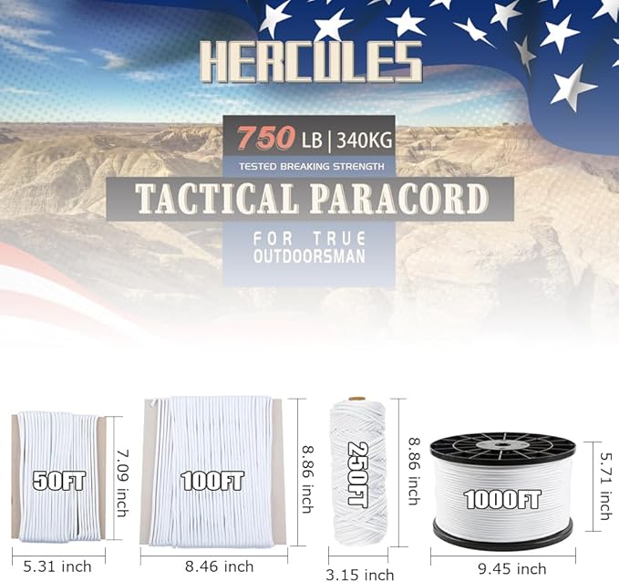 HERCULES 750lb Paracord 4mm 11 Strands Tactical Parachute Cord, 50' 100' 250' 1000' Utility Rope for Camping, Survival, Outdoor Gear (White, 100FT)