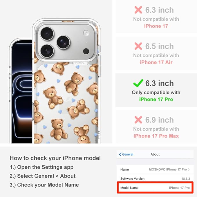 MOSNOVO for iPhone 17 Pro Case, Shockproof Military-Grade Protection 6.6ft Drop Tested, Camera Control, Clear Phone Case for iPhone 17 Pro, Teddy Mood Design