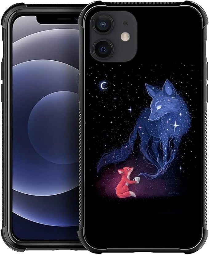 for iPhone 12 Mini Case, Galaxy Fox Wolf Pattern Graphic Design Girl Boy Soft Silicone Hard Acrylic Shock Protection for iPhone 12 Mini
