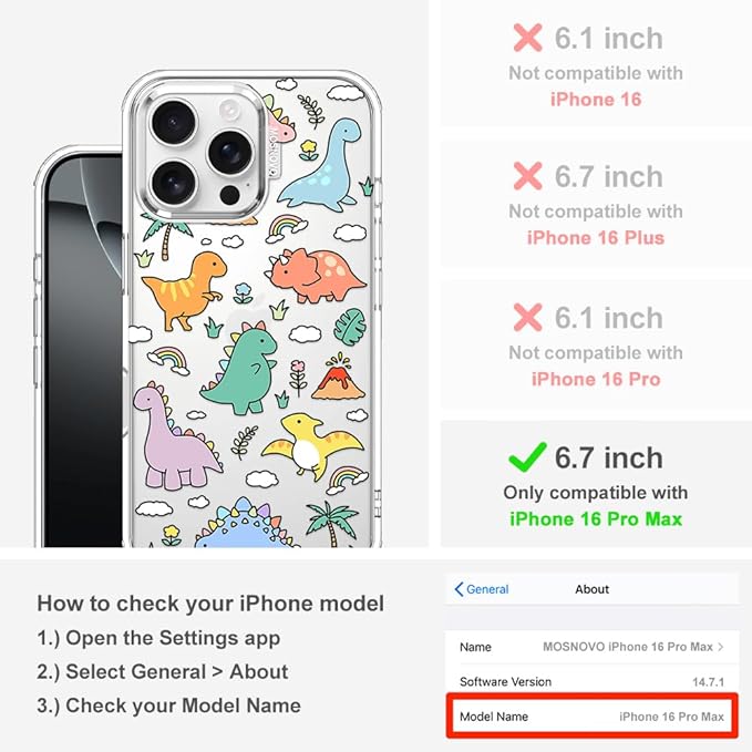 MOSNOVO Case for iPhone 16 Pro Max, [Buffertech 6.6ft Military-Grade Drop Protection] [Anti Peel Off Tech] Clear TPU Bumper Phone Case Cover Design - Dinosaur Land