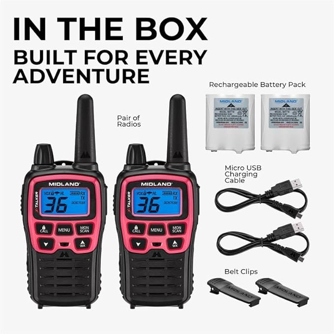 Midland T71PNK X-TALKER FRS Walkie Talkies with NOAA Weather Scan & Alert – Long Range Two-Way Radios – 36 Channels, 121 Privacy Codes – for Camping, Overlanding, Rock Crawling – Black/Pink, 2 Pack