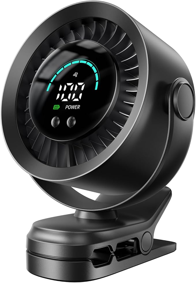 KIMMOO Portable Clip on Fan, 100-Speed Rechargeable USB Fan with LED Display, 360° Rotation & Strong Airflow Desk Fan, Up to 17 Hours Small Battery Fan for Outdoor Travel Camping Treadmill Car (Black)