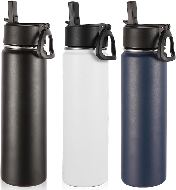 Volhoply 24oz Insulated Water Bottle With Straw Bulk 3 Pack,Metal Wide Mouth Water Bottles With Handle Lid Keep Cold,Reusable Double Wall Cups,Powder Coated Sport Bottle For Holder(Mix,3 Count)
