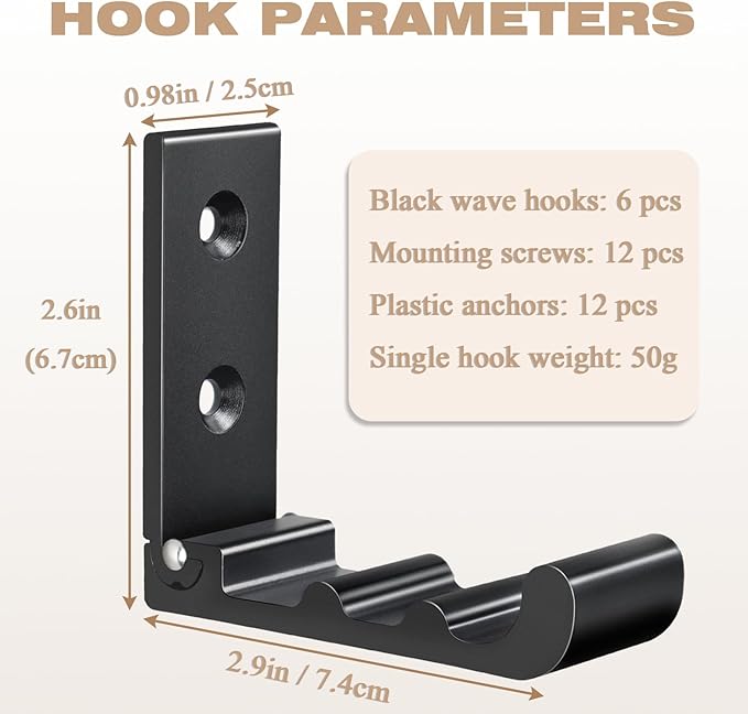 OHIYO 6 PCS Heavy Duty Folding Wall Hooks, Sturdy Black Wall Mounted Hooks for Coats, Towels, Backpacks, Bags, Space Saving Wave Design for Living Room, Bedroom Organization | Heavy Duty, Folding, Sturdy, Hooks, for Coats, Towels
