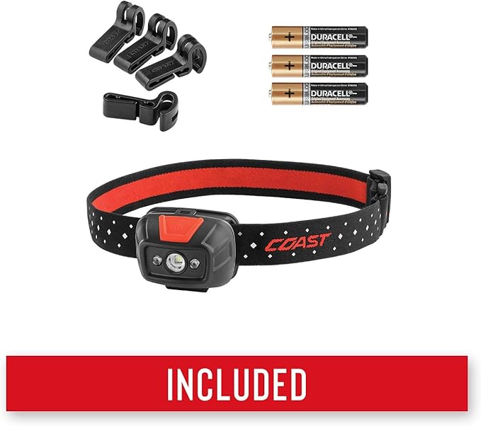 Coast® FL19 365 Lumen Dual Color (White & Red) LED Headlamp, Batteries & Hard Hat Clips Included, Black