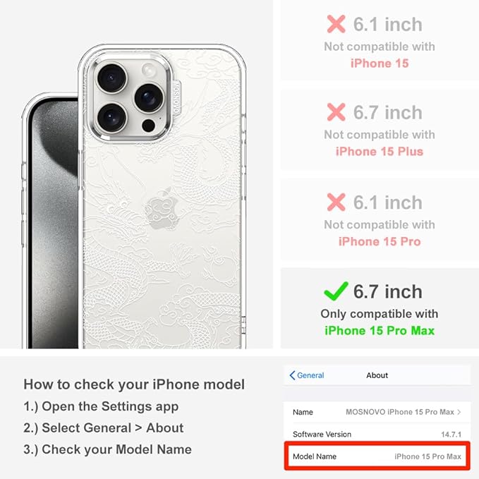 MOSNOVO Case for iPhone 15 Pro Max, [Buffertech 6.6ft Military-Grade Drop Protection] [Anti Peel Off Tech] Clear TPU Bumper Phone Case Cover Design - White Dragon