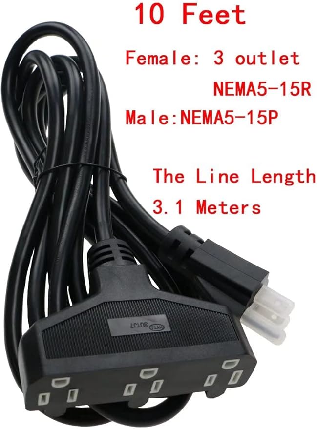 3 Outlet Extension Power Cord 105℃ Temperature Resistant Waterproof Cable 14AWG 15A 3 Prong Heavy Duty Outdoor Extension Cord,10Feet(3.1Meters,Black)