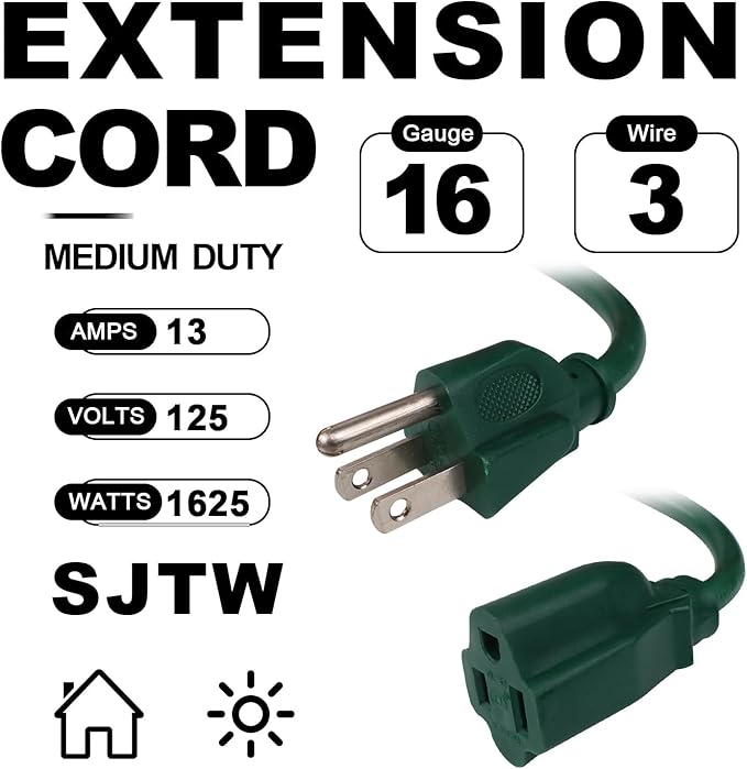 EP 25FT Green Outdoor Extension Cord, 16/3 SJTW Heavy Duty Waterproof, 3 Prong Grounded Plug, 13A 1625W 16AWG, Cold-Resistant Flexible Power Cable for Garden, Home, Christmas Lights