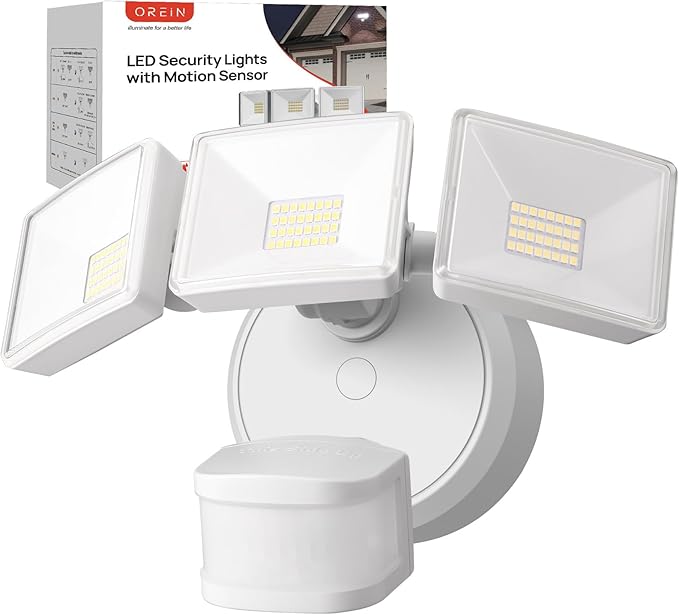 OREiN 42W 6500LM Motion Sensor Outdoor Flood Light, Hardwired LED Security Light, 4 Lighting Modes, Dual PIR 240° Detection, Dusk to Dawn, IP65 Weatherproof for Garage, Driveway, Backyard, Farm
