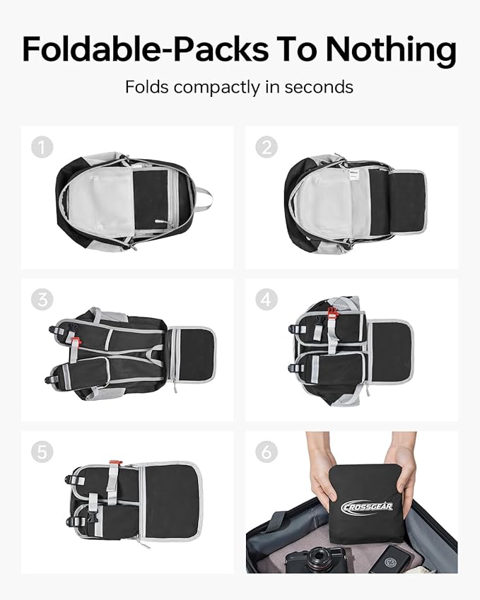 CROSSGEAR 24L Hiking Backpack, Lightweight Foldable Packable Daypack with RFID Pocket, Multi-Pocket, Nylon Small Travel Backpack, Water Resistant for Travel, Camping, Outdoor, Black