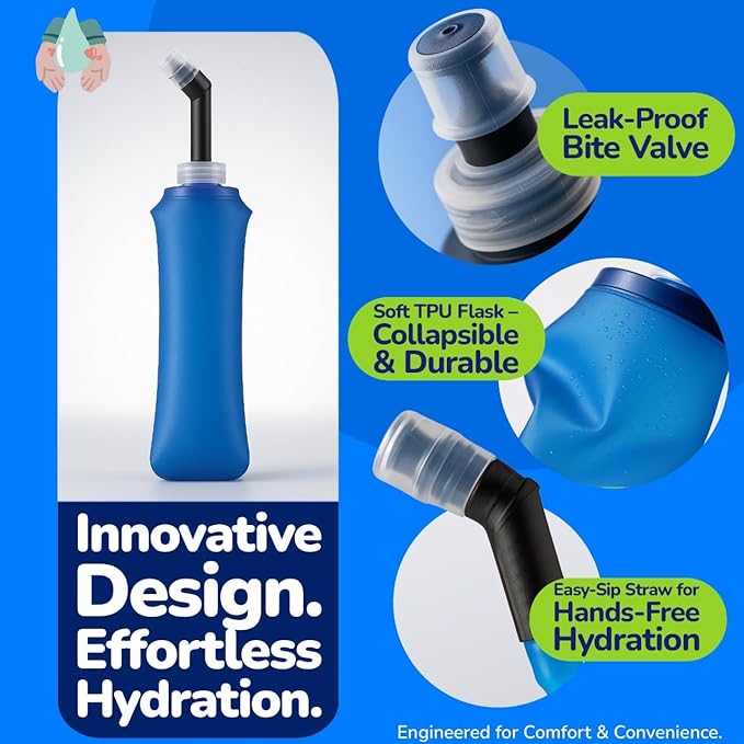 TPU Soft Flask 500ml with Straw & Cap, 2 Pack Collapsible Sports Water Bottles, BPA Free Running Water Bottle with Straw, Lightweight Foldable Flask for Running, Hiking, Trail & Outdoor Activities