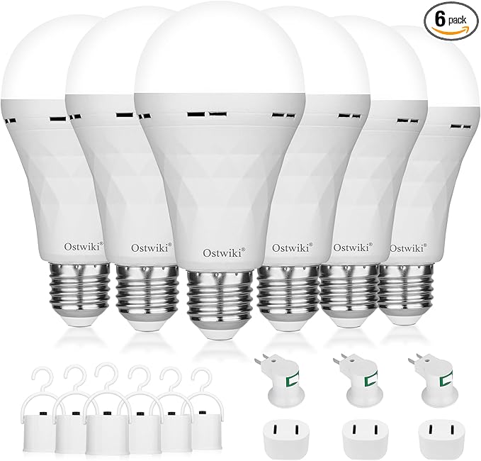 Ostwiki Rechargeable Light Bulbs,6 Pack Battery Operated Backup Emergency Light Bulb for Power Outage Camping Outdoor Hurricane 9W E27 8500K 1200mAh White Equivalent Self-Charging LED Light Bulbs