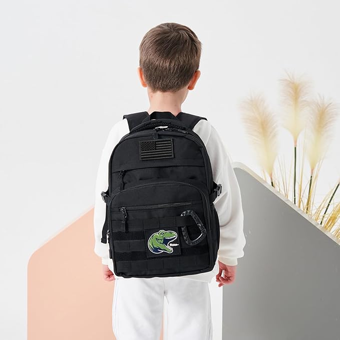 Kids Tactical Backpack Army Molle Bookbag Military Boys Backpack for School, Outdoor, Camping (Includes 2 Patches+1Carabiner), Black CM