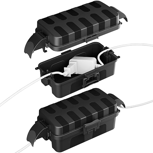 FLEMOON [2 Pack] IP55 Outdoor Electrical Box Waterproof with Detachable Awning Covers, 8.3 x 4.1 x 3.7 inch Weatherproof Extension Cord Cover, Easy Installation for Outdoor Plug, String Lights, Black