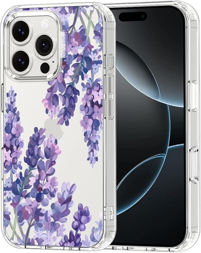 MOSNOVO Case for iPhone 16 Pro, [Buffertech 6.6ft Military-Grade Drop Protection] [Anti Peel Off Tech] Clear TPU Bumper Phone Case Cover Design - Lavender