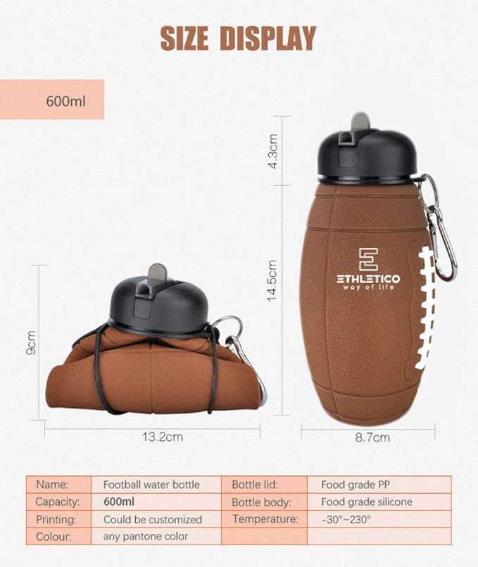 Clip-On Collapsible BPA-Free Silicone American Football Water Bottle for Kids, 20 Oz. Size