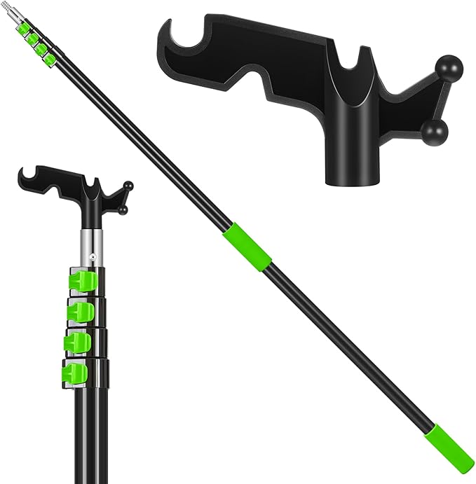 4.3-18ft Long Christmas Light Hanger Pole with Utility Hook, Telescopic Extension Pole Multi-Purpose for Christmas String Lights Installation Painting Cleaning Without Ladder (Green)