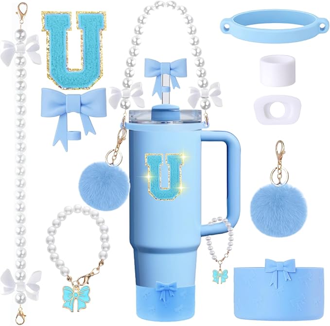 9pcs Stanley Cup Accessories Set- for 30oz 40oz Tumblers with Handle - Bule Kit Includes Bow Straw Topper and Boot, Charm, Pearl Handle Strap & Stickers - Aesthetic Girl Gifts (U)