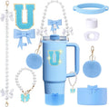 9pcs Stanley Cup Accessories Set- for 30oz 40oz Tumblers with Handle - Bule Kit Includes Bow Straw Topper and Boot, Charm, Pearl Handle Strap & Stickers - Aesthetic Girl Gifts (U)