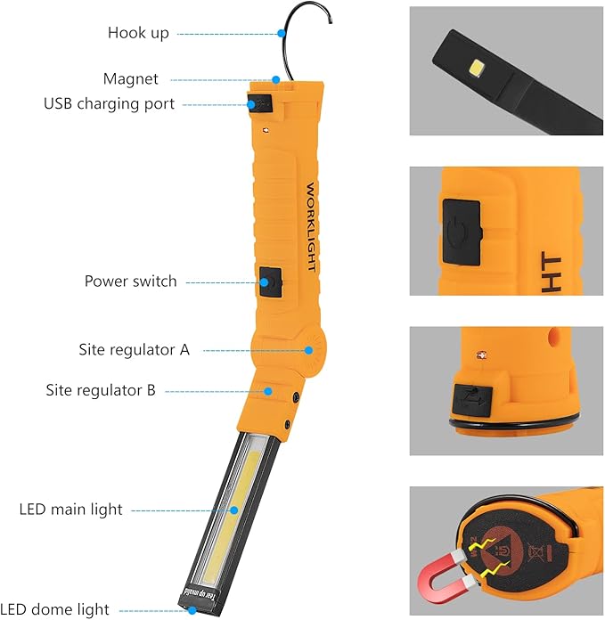 Lmaytech 3 Pack Rechargeable LED Work Lights with Magnetic Base and 360° Rotation, 5 Modes for BBQ, Camping, Reading, and Car Repair