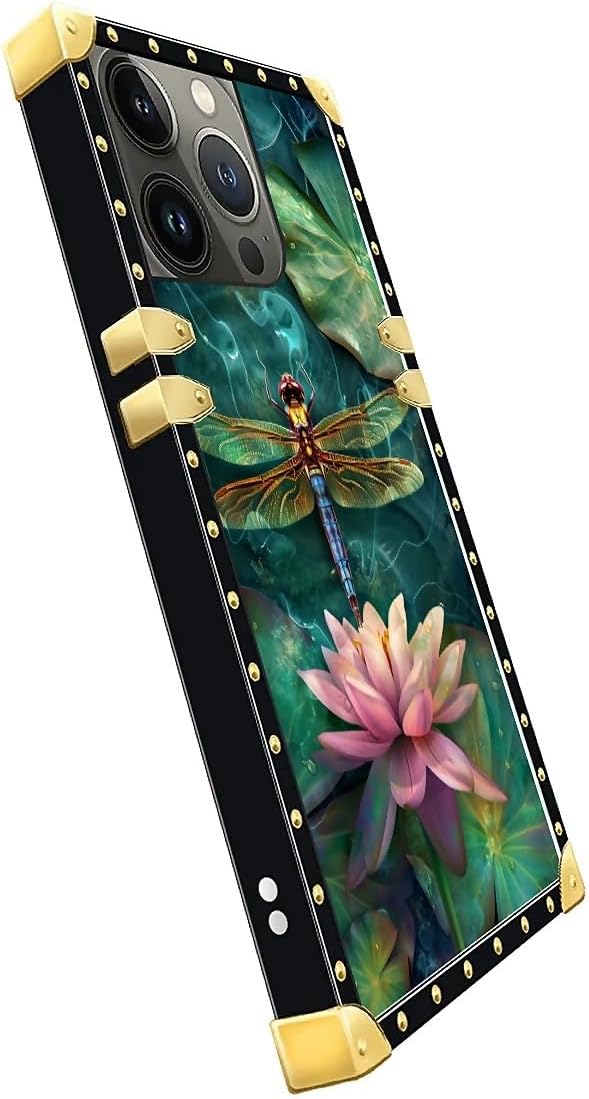 Compatible with iPhone 13 Pro Case, Colourful Dragonfly Pink Lily Pads Luxury Golden Decoration for Girl Women Soft TPU Shockproof Protective Hard PC Back for iPhone 13 Pro