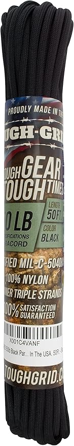 TOUGH-GRID 550 Paracord, Type III Mil-Spec Nylon Rope - 50 Ft Black Tactical Survival Cord