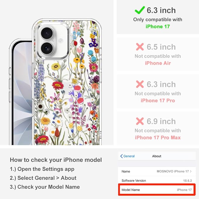 MOSNOVO for iPhone 17 Case | Military Grade 6.6ft Drop Tested | Camera Control | Clear with Wildflower Meadow Design